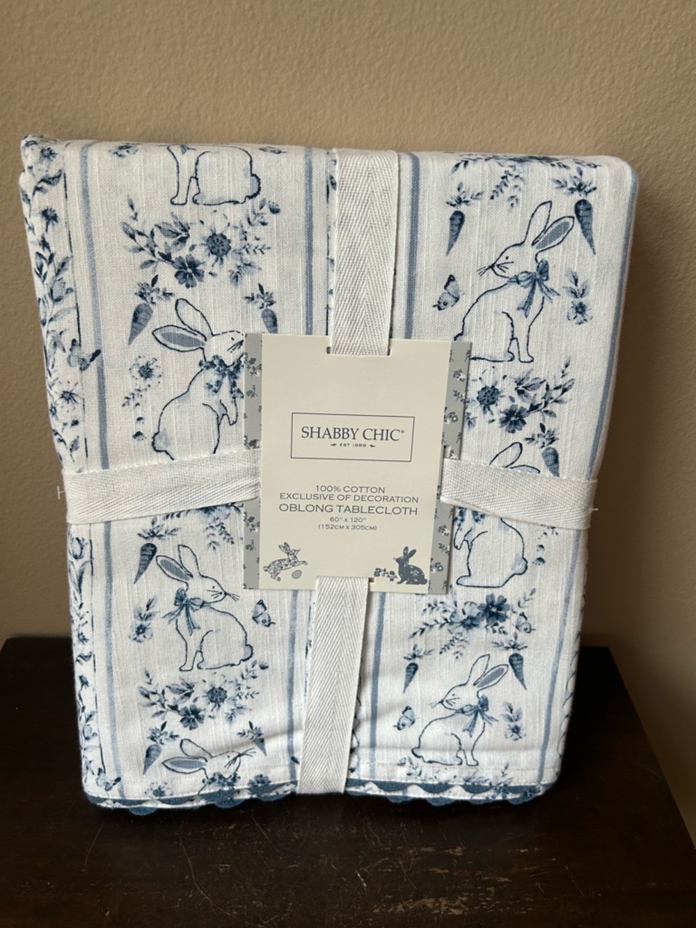 Shabby Chic Easter Tablecloth New 60”x120” Bunny Blue White Floral